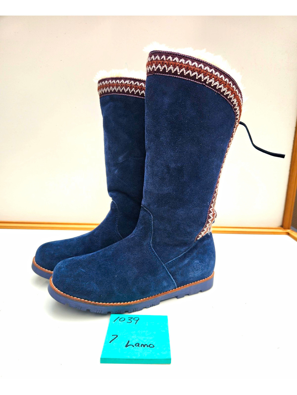 LAMO Women’s Blue Suede Knee High Lace-Up Faux Fur Lined Winter Boots US 7